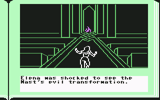 Gamma Force in Pit of a Thousand Screams (Commodore 64) screenshot: Elena was shocked to see the Mast's evil transformation