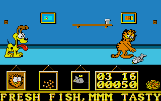 Garfield: Big, Fat, Hairy Deal (Atari ST) screenshot: Picking up fish.