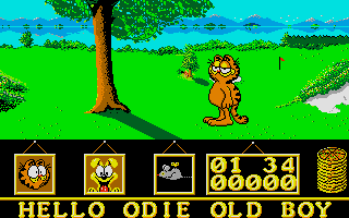 Garfield: Big, Fat, Hairy Deal (Atari ST) screenshot: Garfield in the park.