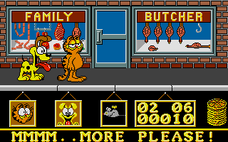 Garfield: Big, Fat, Hairy Deal (Atari ST) screenshot: Family butcher store.
