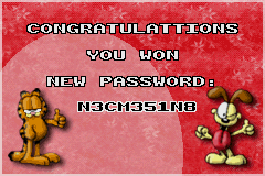 Garfield: The Search for Pooky (Game Boy Advance) screenshot: On completion of each stage, you will receive a password