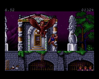 Ghost Battle (Amiga) screenshot: The first boss. This fight could've been easy, if not for one-hit kills projectiles.