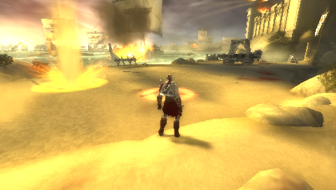 God of War: Chains of Olympus (PSP) screenshot: Persian ships bombard the beach .