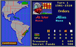 Gold of the Americas: The Conquest of the New World (Atari ST) screenshot: Status screen