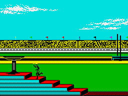 Gold, Silver, Bronze (ZX Spectrum) screenshot: From the intro - running up the steps