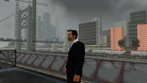Grand Theft Auto: Liberty City Stories (PSP) screenshot: At a El Train station on Portland looking across at Staunton Island and the under construction Callahan Bridge.