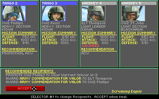 Gunship 2000 (Amiga) screenshot: Promote and award your squad pilots after a mission