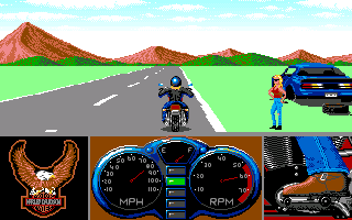 Harley-Davidson: The Road to Sturgis (Amiga) screenshot: You can pick up one of these lovely ladies