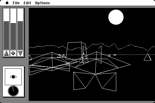 The Colony (Macintosh) screenshot: Outside the ship, being attacked by aliens. The cube in the background is the colony's entrance.