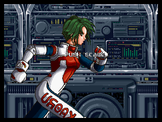 Pulstar (Neo Geo) screenshot: From the intro: our heroine runs to her fighter.