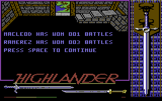 Highlander (Commodore 64) screenshot: I finally managed to win a battle, but it wasn't easy. And they couldn't spell Ramirez name.