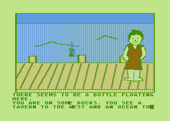 Hi-Res Adventure #4: Ulysses and the Golden Fleece (Atari 8-bit) screenshot: Hmm, there's a bottle floating in the water...