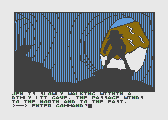 Hi-Res Adventure #6: The Dark Crystal (Atari 8-bit) screenshot: I'm entering a dimly lit cave...