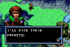 The Hobbit (Game Boy Advance) screenshot: Ok, you are a hobbit... a rather small race. And you're going to pick the pockets of trolls... a very large race. Something is not quite right in your head, Bilbo.