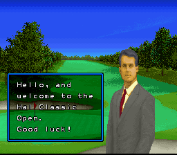 Hole in One (SNES) screenshot: This sharp dress man welcomes you to the HAL Classic Open.