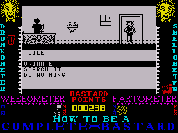 How to be a Complete Bastard (ZX Spectrum) screenshot: Unfortunately drinking to much lager makes your weeometer rise so you have to visit the toilet upstairs