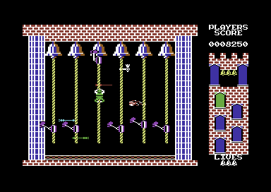 Hunchback II: Quasimodo's Revenge (Commodore 64) screenshot: Must somehow find a way to raise these clappers to the bells up top while avoiding getting stuck like a pincushion by an onslaught of arrows, hatchets and fireballs.