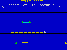 Galactic Warriors + Raceway (ZX Spectrum) screenshot: 2. Raceway: Cars.<br> Great landing, by a dirty nail.
