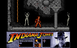 Indiana Jones and the Last Crusade: The Action Game (Atari ST) screenshot: Skeletons line the wall. If you're not careful, you'll end up as one too.