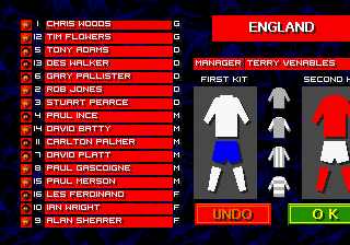 Championship Soccer '94 (Genesis) screenshot: An England squad of the time