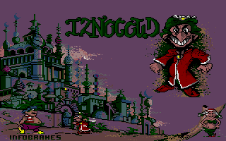 Iznogoud (Atari ST) screenshot: Iznogoud start screen: note characters running around at bottom!