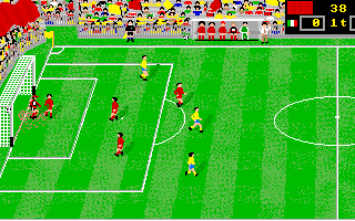 Italy '90 Soccer (Amiga) screenshot: Yellow team has scored recently and player glad of his actions is running to his coach...