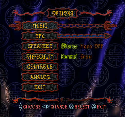 T'ai Fu: Wrath of the Tiger (PlayStation) screenshot: Options.