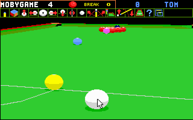 Jimmy White's 'Whirlwind' Snooker (DOS) screenshot: Taking aim.