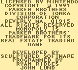 Monopoly (Game Boy) screenshot: Credits screen.
