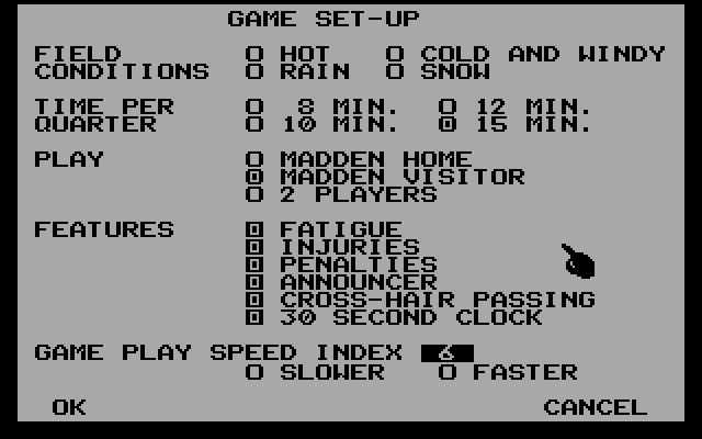 John Madden Football (DOS) screenshot: Setting up a game.