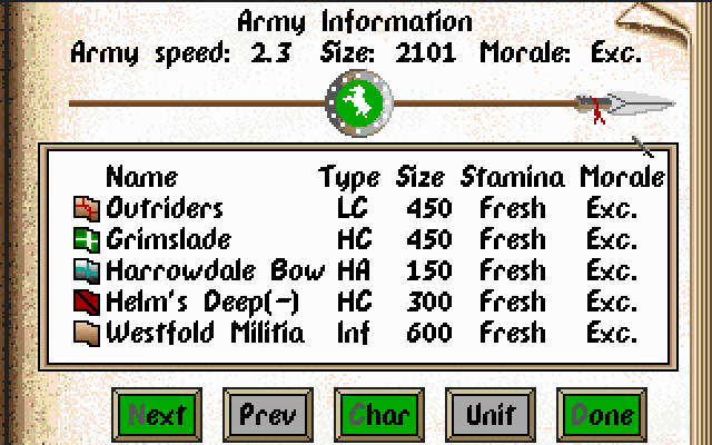 J.R.R. Tolkien's Riders of Rohan (DOS) screenshot: Checking out the army information.