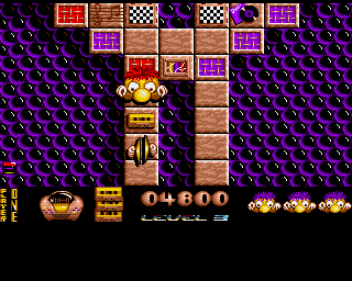 <small>Jumpin' Jackson (Amiga) screenshot:</small><br> Cassette tapes blocks enemies route.