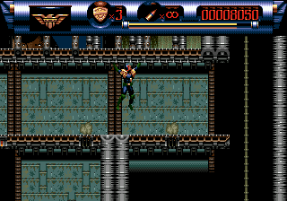 Judge Dredd (Genesis) screenshot: Use the rail to climb over the vents