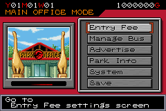 Jurassic Park III: Park Builder (Game Boy Advance) screenshot: Your main office allows you to find ways to improve your park's income and popularity