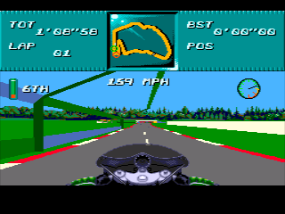 Kawasaki Superbike Challenge (Genesis) screenshot: Each track has far more roadside objects