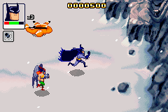 Justice League: Chronicles (Game Boy Advance) screenshot: In Watchtower training mode, you can play any level with any combination of characters. Here are Batman and Hawkgirl in the first level.