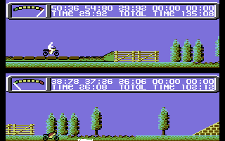 Kikstart 2 (Commodore 64) screenshot: You have to move as fast as you can, when driving on tyres lying on the ground (upper player). My opponent is lying unconscious, because he drove to fast on a fence.