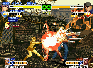 The King of Fighters 2000 (Neo Geo) screenshot: Clark being damaged by the joint damage of Athena's Nu Psycho Reflector and Joe's Bakuretsu Ken.
