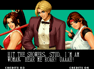 The King of Fighters '95 (Neo Geo) screenshot: The winner team is showed in this screen. The short music played here is the best of all KOFs!