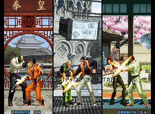 The King of Fighters 2002: Challenge to Ultimate Battle (Neo Geo) screenshot: Introduction frame: Art of Fighting Team (Ryo/Robert/Takuma) beats '00 Team (Seth/Ramon/Vanessa)...