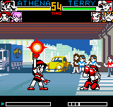 King of Fighters R-2 (Neo Geo Pocket Color) screenshot: Cautious, Terry has armed the defensive, waiting the best moment to block Athena's Crystal Shoot.