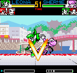 King of Fighters R-2 (Neo Geo Pocket Color) screenshot: Shermie is the victim once again, but now she was hitted by one of Leona's DM: her old V Slasher...