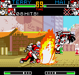 King of Fighters R-2 (Neo Geo Pocket Color) screenshot: Could Terry Bogard be knocked-out Mai Shiranui with his monster SDM High-Angle Geyser? I think so...
