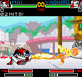King of Fighters R-2 (Neo Geo Pocket Color) screenshot: Taking a short time in the Sparring "Practice" Mode, Mai improves her SDM Sui Cho no Mai in Yashiro.