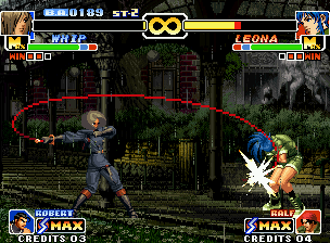 The King of Fighters '99: Millennium Battle (Neo Geo) screenshot: Whip Shot move: using her swinging combat weapon, Whip could connect a single-accurate hit in Leona.