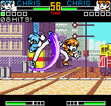 King of Fighters R-2 (Neo Geo Pocket Color) screenshot: Single play battle: through DM Twister Drive, Chris executes air multiple hits in his alter-ego.