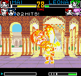 King of Fighters R-2 (Neo Geo Pocket Color) screenshot: A set of air spinning flames burning Leona with total intensity: it's DM HoOh no Mai in action!
