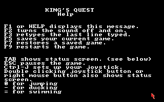 King's Quest (Amiga) screenshot: The help screen.