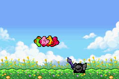Kirby & The Amazing Mirror (Game Boy Advance) screenshot: Intro: When confronted by the dark knight, Kirby was split into 4.