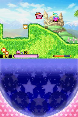 Kirby: Squeak Squad (Nintendo DS) screenshot: Frying up some critters with the Beam Kirby.